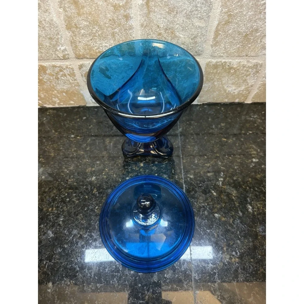 Viking Three Feet Foils BLUENIQUE Blue Covered Lidded Candy‎ Dish Compote